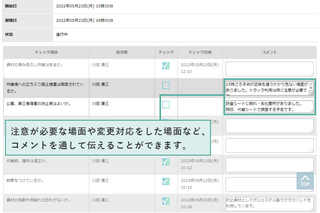 Check Do!画面。チェックに合わせてコメントをつけたり、報告をすることができます